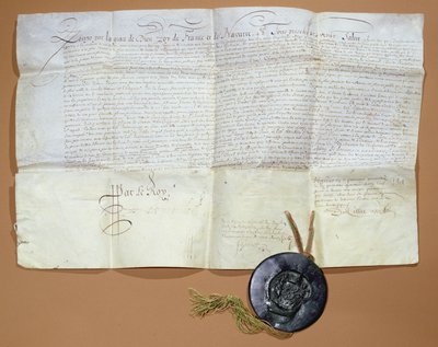 フランスアカデミーの創設のための王室令、1635年（ベラムにインク） 作： French School