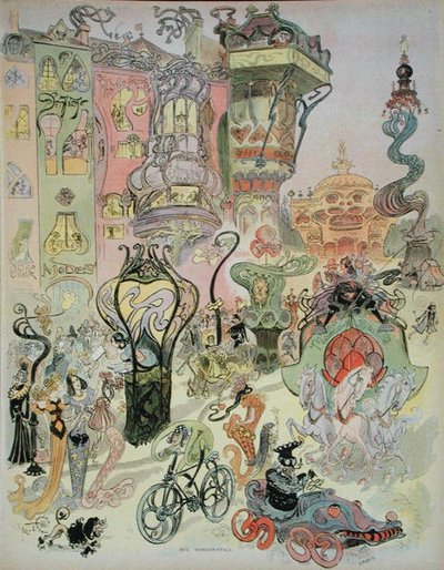 近代的な街並み、雑誌「Au Temps Present」より、1890～1900年頃（カラーリトグラフ） 作： French School