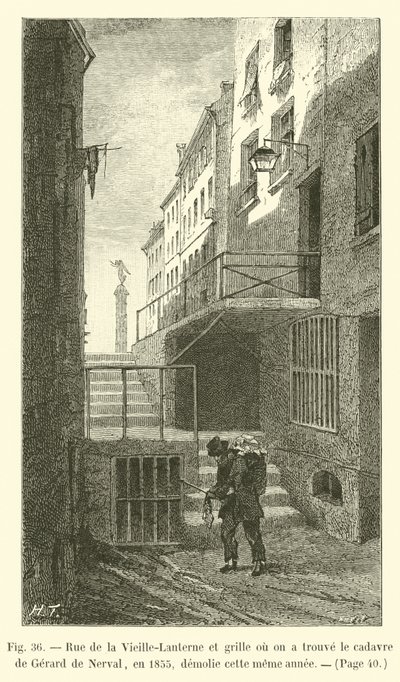 Rue de la Vieille-Lanterneと1855年にGerard de Nervalの死体を発見したゲートは、同じ年に破壊されました 作： French School