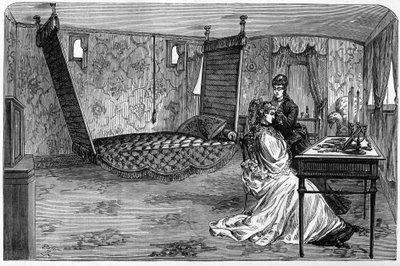 1874年にエディンバラ公と公爵夫人が使用したロシア帝国の列車：ベッドルーム・ワゴン。1874年4月6日付「Le Monde Illustré」第886号に掲載された版画。 作： French School