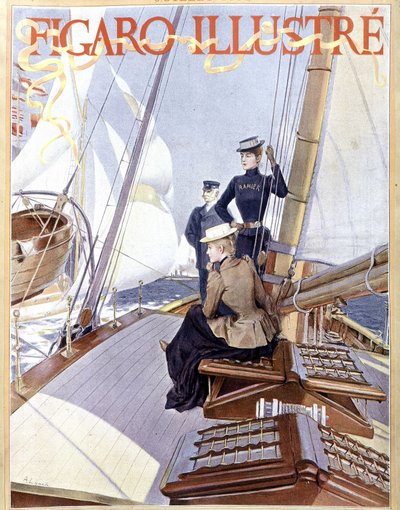 セーリング：ボートのデッキに立つ女性たち - 1891年の「フィガロ・イラストレーション」に掲載されたドローイング、アール・デコ。 作： French School