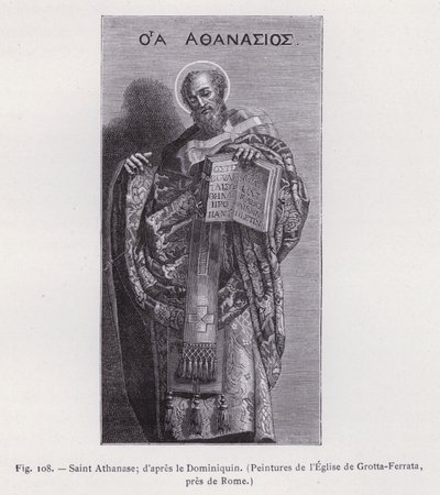 聖アタナシウス；ドミニクインの後、ローマ近郊のグロッタ・フェラータ教会の絵画（エングレービング 作： French School