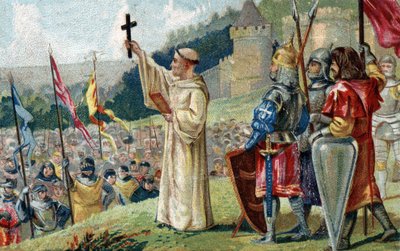 1146年3月31日、ブルゴーニュ地方のヴェズレーで、アキテーヌ王ルイ7世と王妃アリエノール、アッベ・スゲールの前で第二回十字軍を説くクレルヴォーの聖ベルナール（サン・ベルナルド・ディ・キアラヴァレ）。(ヴェズレーで第二回十字軍を説く聖ベルナルド 作： French School