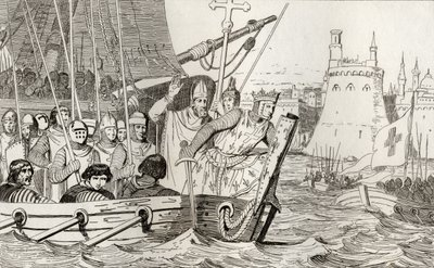 セントルイス9世（1214-70）は、1840年に出版されたコラートの「フランスの歴史」から部隊を率いて戦いました。 作： French School