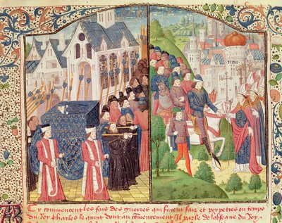 ジャン・フロワサール (c.1337-c.1405) による「年代記」の写本からの、1270 年のパリでのセントルイスの葬儀と 1364 年のランスへのシャルル 5 世の到着が、大聖堂で王に戴冠した。 作： French School