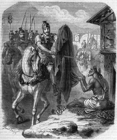 サン・マルタン・ド・トゥール（Saint-Martin-de-Tours, v. 316-397）が貧しい人に与えるために自分のコートを2枚作っている様子。モーリス・ラシャトレ著「Histoire des Papes-Rois-Queen and Empereurs a travers les centuries」に掲載されている図版 作： French School