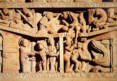 聖ペテロは祝福された天国と地獄の顎へののろわれた落下を受け取ります、西ポータルティンパナムの最後の審判、1135年頃の詳細 作： French School