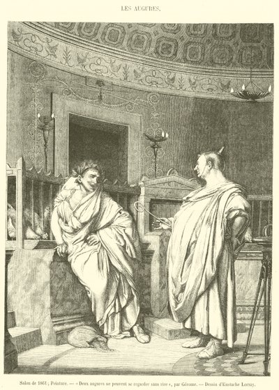 1861年のサロン、絵画、二人のオーギュールは笑わずにお互いを見られない（エングレービング 作： French School