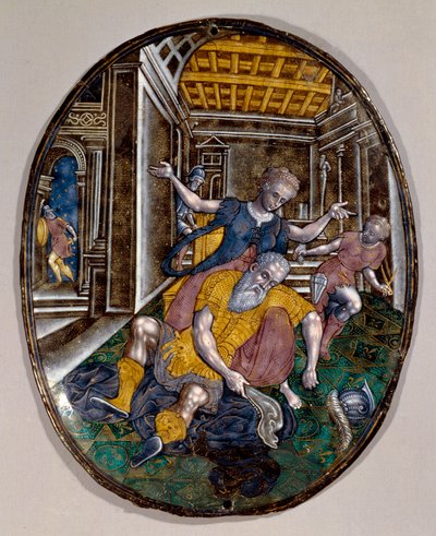 サムソンとダリラ ダリラが髪を切った後、力を失ったサムソン。リモージュ・ブックレット1575年頃 ロンドン ヴィクトリア・アンド・アルバート博物館 作： French School