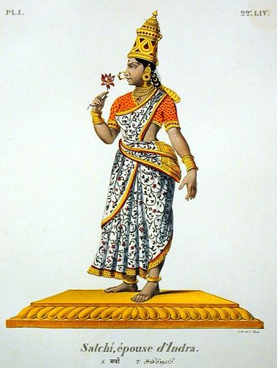 インドラの妻サッチー、C.ド・モット（1785-1836）の彫刻（カラーリトグラフ）。 作： French School