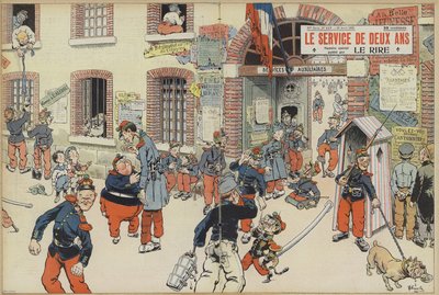 フランス軍への徴兵制導入をテーマにした風刺。Le Rire』のイラスト（カラーリトグラフ版 作： French School