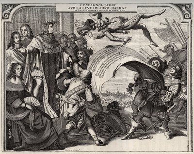 1654年、ルイ14世（1638-1715）の戴冠式後のアラス攻防戦の盛り上がりを風刺した寓話。左下はオーストリア王妃アンヌ（1601-1666）。ルイ14世の横に立ち、王の左隣には枢機卿ジュール・マザラン（1602-1661）。エングラヴィ 作： French School