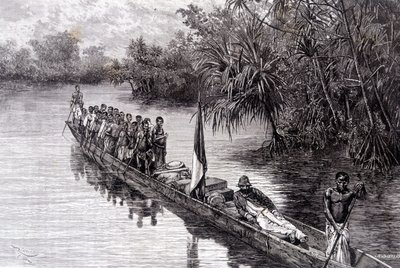 西アフリカのパンダナスでカヌーに乗っているブラザのサヴォルグナン - 1887年第2週の「Tour du Monde」にて 作： French School