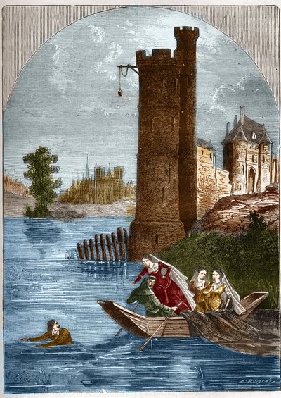 ネスルの塔のスキャンダル（不倫）。1314年、ブルゴーニュ王妃マルグリット（1290-1315）が待ち伏せしていたにもかかわらず、パリのネスルの塔から脱出することに成功したビュリダン。Histoire de la prostitution et de la debauche dans les peuples du gurples」に掲載されている図版。 作： French School