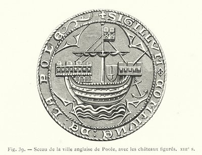 城の人物が描かれたイギリスの町プールのシール（13世紀）（彫刻 作： French School