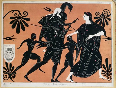 古代ギリシャの壺で、トロイから息子たちとアイネイアスが飛び、父親のアンキセスを背負った様子 作： French School