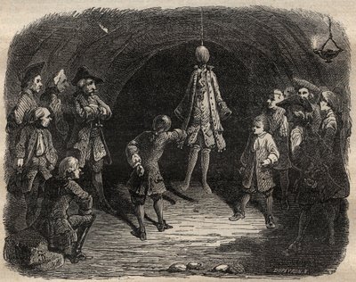 ルイ・ドミニク・ガルトハウゼン・ディット・カートリッジ（1693-1721）がパリの職業で作った泥棒の学校：天井から吊るされたモデルは、銃声の雨を浴びるという罰則のもと、動かずにポケットを空にしなければならない - 泥棒の学校 作： French School