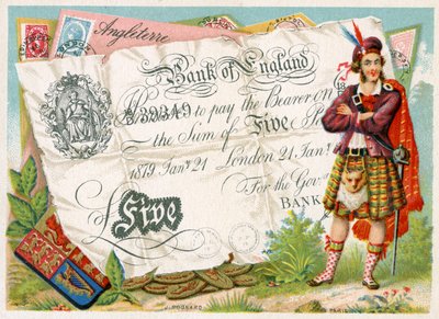 イングランド銀行の5ポンド紙幣を守るスコットランドの兵士、1886-95年 作： French School