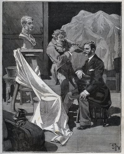 彫刻、彫刻家のアトリエ、胸像の焦点と彫刻。Adolphe BITARDの "Les arts et metiers illustres "に掲載された1880年のエングレーヴィング。 作： French School