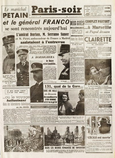 第二次世界大戦（1939-1945） - 第二次世界大戦（WWIIまたはWW2）。PARIS SOURCE [No.237] of 14-02-1941 - LE MARECHAL PETAINとGENERAL FRANCOの会談-。 作： French School