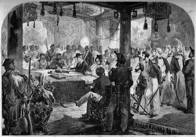 フランス・イギリスと中国との間の第二次アヘン戦争（1858～1860年）-1858年の天津条約（天津）の締結。英仏の大使エルジン卿（ジェームズ・ブルース 作： French School