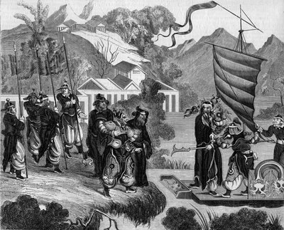 フランス・イギリスと中国との第二次アヘン戦争（1858～1860年）。中国の風刺画である。中国人グループの嘲笑的な視線の下、海岸に近づく準備をしている一隻のボート。船上には、フランス（左）とイギリス（右）を表す二人の人物が乗っている。 作： French School