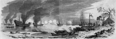 フランス・イギリスと中国の第二次アヘン戦争（1858～1860年）。焼夷弾を積んだ中国のジャンク船が英仏の艦隊に向けて出撃。中国 作： French School