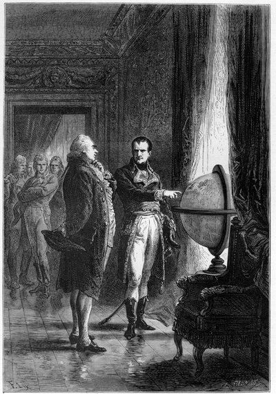 1801年、イギリスの政治家チャールズ・ジェームズ・フォックス（1749-1806）とともにルーヴル美術館を訪れた初代領事ナポレオン・ボナパルトの肖像画。 作： French School