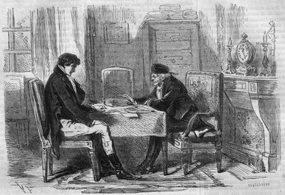 セリエ小説。"エミール・スーヴェストル（1806-1854）の「富める者、貧しき者」。二人の男が話している。"潔癖症は人を苦しめない""Les bons romances "のエングレーヴィング 作： French School