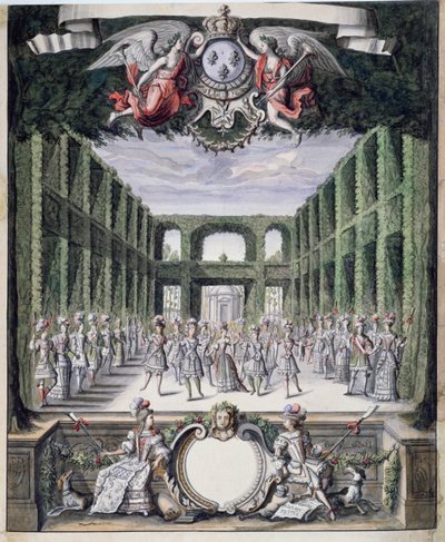 Menu Plaisirs du Roi（ペン＆インク、紙にトイレ）というタイトルのコレクションから取った、庭園での正体不明のバレエのデザインセット 作： French School