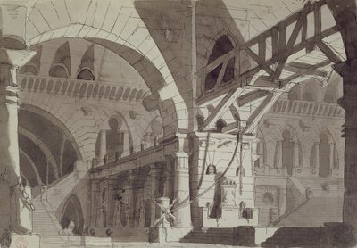 ピラネシス刑務所の図面のスタイルでデザインを設定、c.1800（ペン、インク、ウォッシュ） 作： French School