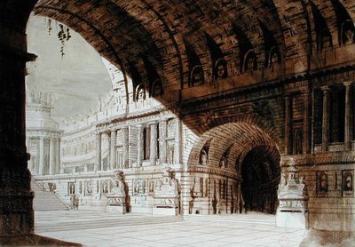 古代をイメージしたセットデザイン、1800年頃（紙にペンとインク、水彩画） 作： French School