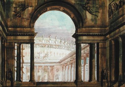 古代をイメージしたセットデザイン、1800年頃（紙にペンとインク、水彩画） 作： French School