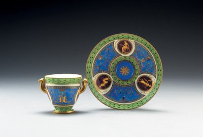セーヴルブルーセレステと淡い緑色の挽いた両手持ちのカップ＆ソーサー、1790年 作： French School