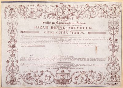 バザールボンヌヌーヴェルの500フランの株券、1836 作： French School