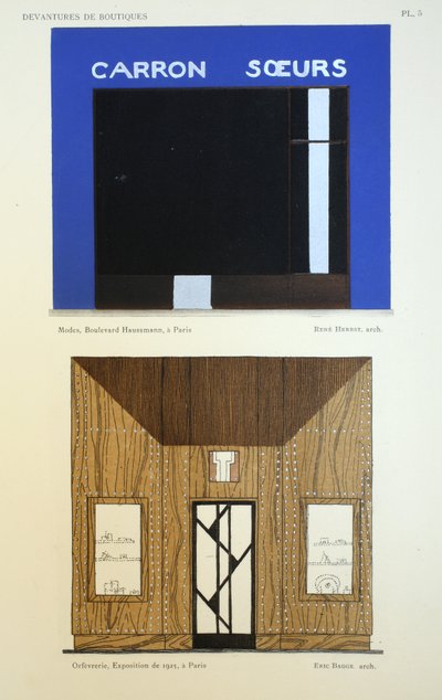 ショップフロント、ルイピエールセジールのパリのDevantures de Boutiquesによるイラスト、1927年 作： French School