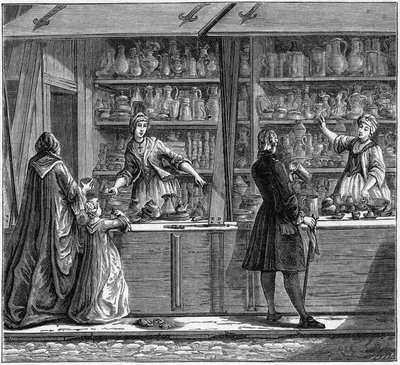 18世紀の錫製陶工の店。エングレーヴィング "La Marine et les colonies: commerce" より 作： French School