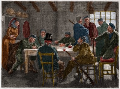 19世紀のシチリアン・マフィア。1873年にシチリアのマフィアが廃止した地主の取り調べ。1873年のエングレーヴィング 作： French School