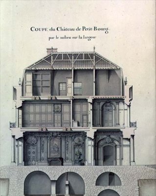 プチ・ブール城の中心部を横から見た断面図、サロンの様子 作： French School
