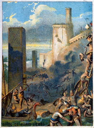 ノルマン人（バイキング）によるパリの包囲（885年）。シリーズ「映像による愛国教育」のクロモリトグラフ。 作： French School