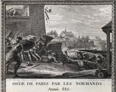 885年、ノルマン人によるパリの包囲。フランス史の図」からの版画 作： French School