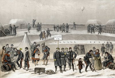 1870年、1870-1871年の戦争中に行われたパリの包囲戦。街の防衛を準備する兵士たち：地下壕にいる兵士の姿が見える。 作： French School