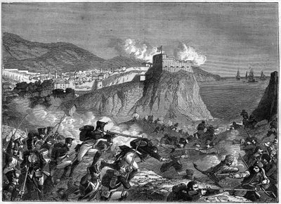 1806年5月、6月のナポレオン戦争におけるラグーサ（ラグーサ共和国）（クロアチアのドゥブロヴニクではラグーサ）の包囲戦（モリトール将軍とローリストンによるダルマチア作戦）-アドルフ・ティエの「領事の歴史に続く帝国の歴史」にて 作： French School