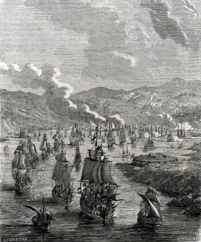 スペイン継承戦争中の1707年7月29日から8月21日にかけて、連合国の陸海軍がフランスの海軍基地であるトゥーロンを包囲した「トゥーロン包囲戦」(版画) 作： French School
