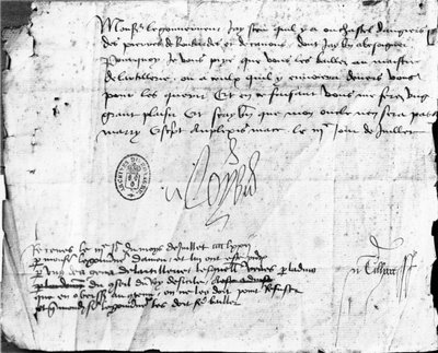 1472年7月3日付アンジュー総督宛書簡のルイ11世の署名（紙にインク 作： French School