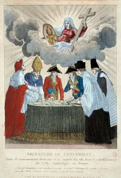 1801年7月15日、1801年のコンコルダートの署名：フランス政府（ここではジョセフ・ボナパルトが代表）とサン・シエージュ（教皇ピウス7世の代理として枢機卿コンサルヴィが代表）の間で署名された。1801年 パリ、カルナヴァレ美術館 作： French School
