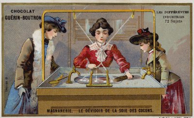 シルクの製造。繊維を紡いでリールにする（クロモリト 作： French School