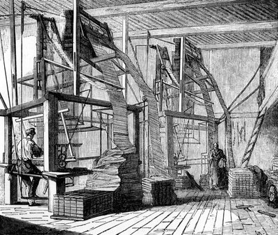 1880年頃、ジャカード織機を使用したリヨンのワークショップで働くシルクワーカー 作： French School