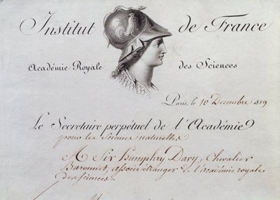 1819年12月10日、サーハンフリーデイビー（1778〜1829年）、フランス研究所への入会証明書 作： French School
