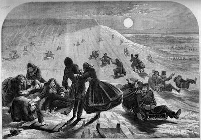 1859年冬、カナダのモントリオールでのソリ遊び。1859年2月26日付「Le Monde Illustré」98号に掲載された版画。 作： French School